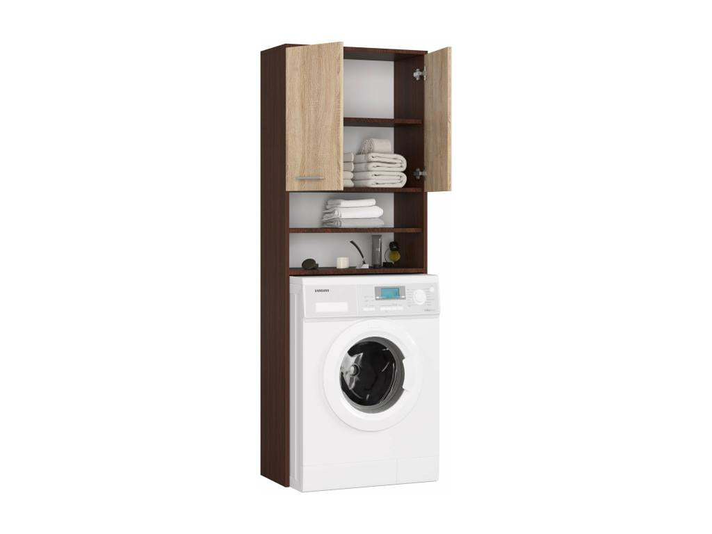 Washing machine cabinet with 2 doors, brown wood, 4 shelves, 64x30x180 cm