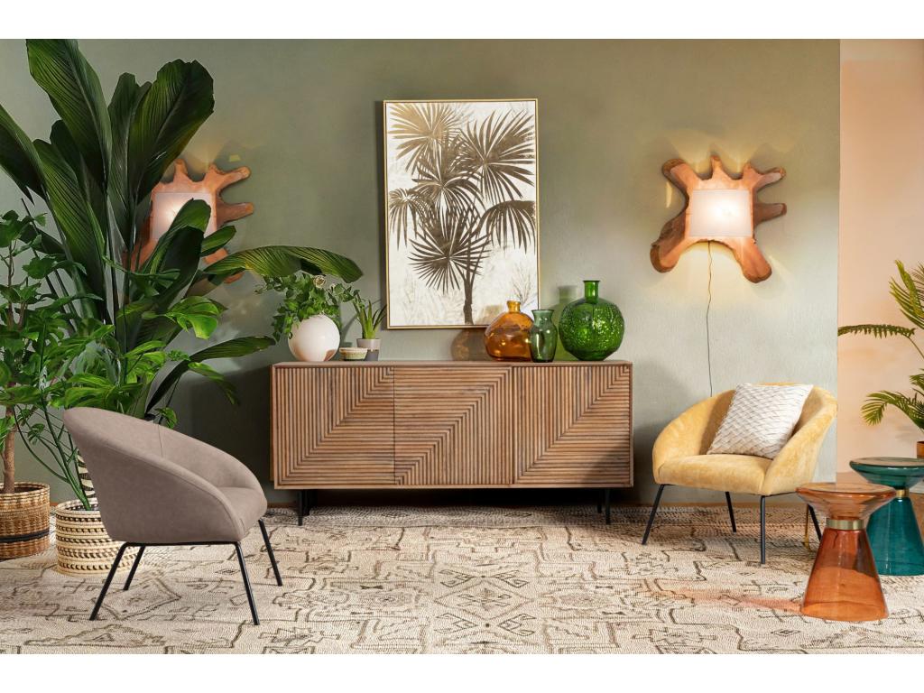 Mango wood sideboard with 3 doors and black metal legs, 180cm wide - Meublita