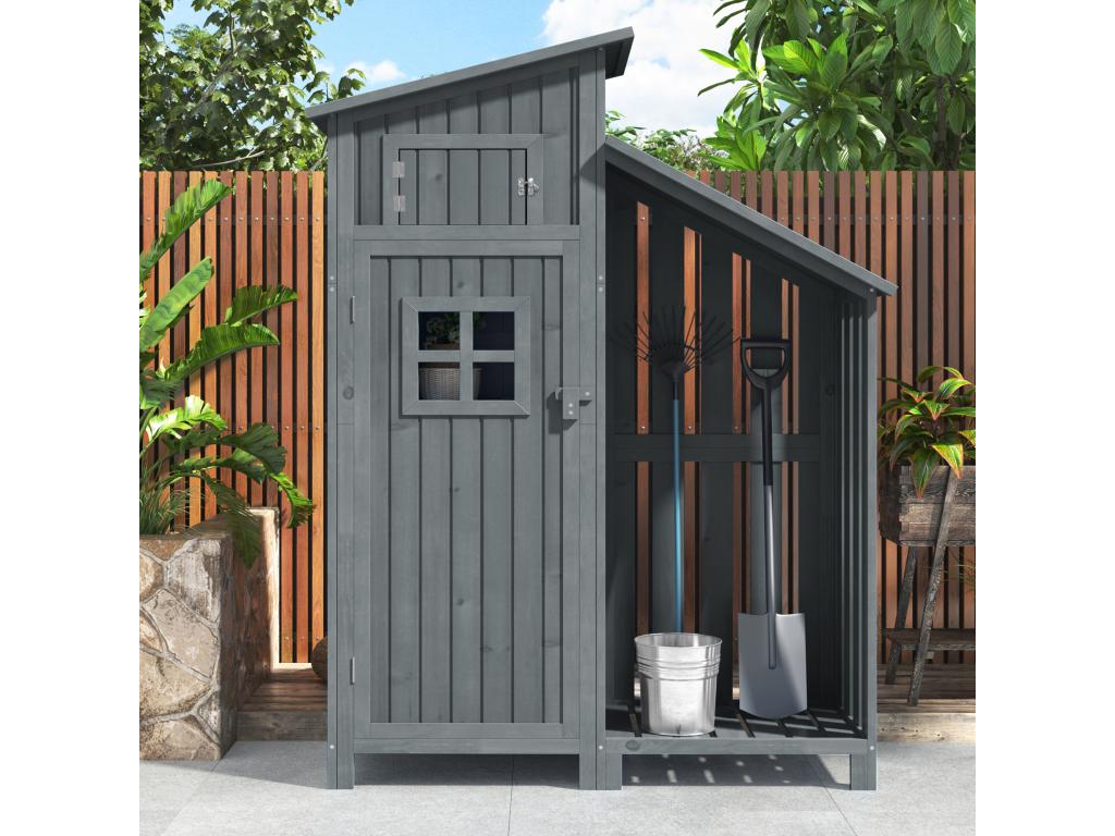 Solid wood garden shed with PVC sloping roof - 2 shelves, 3 latched doors - W124 x D46 x H174 cm - Grey