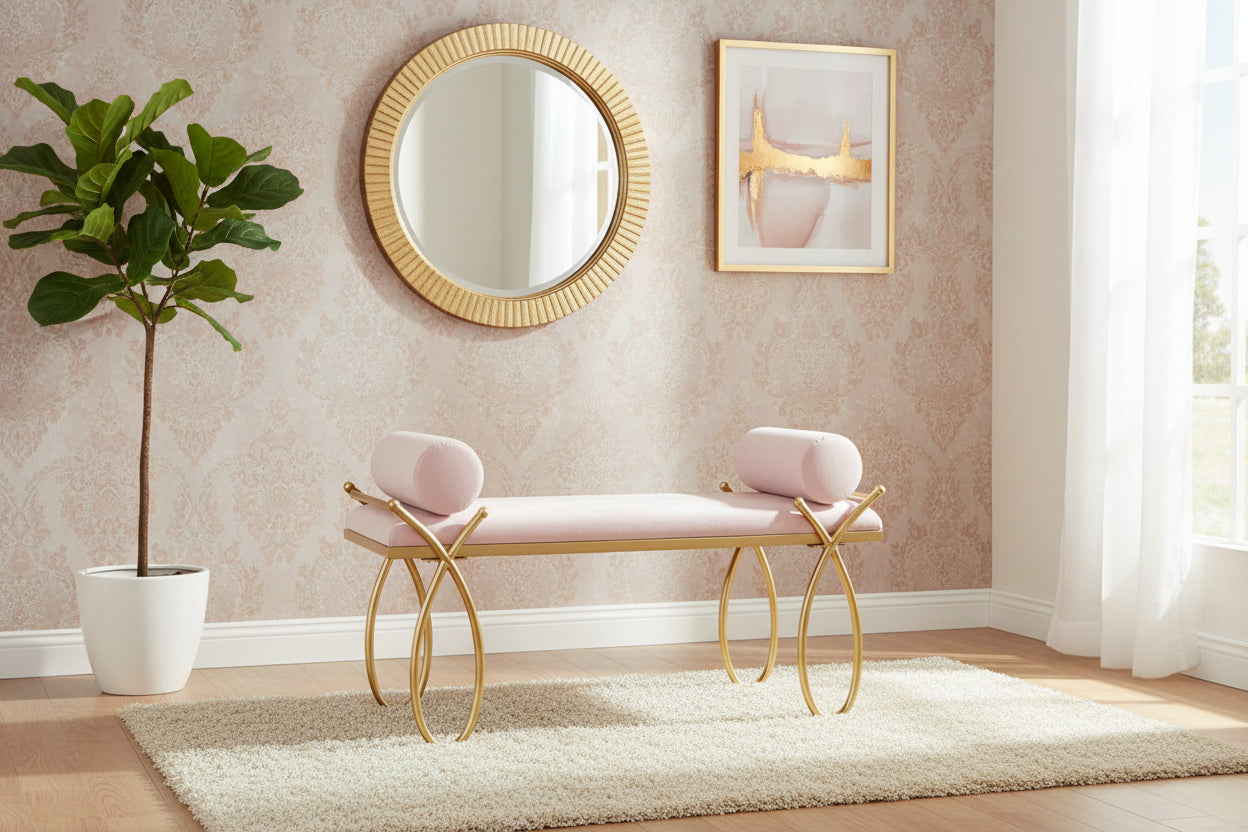 Pink velvet and gold metal bench 112.5x49x53