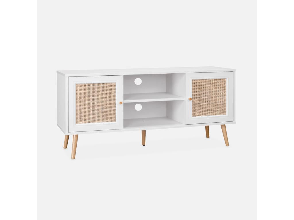 Cane TV stand 120x39x56.5cm - Meublita - White - 2 levels - 2 shelves - 2 doors - Scandinavian legs