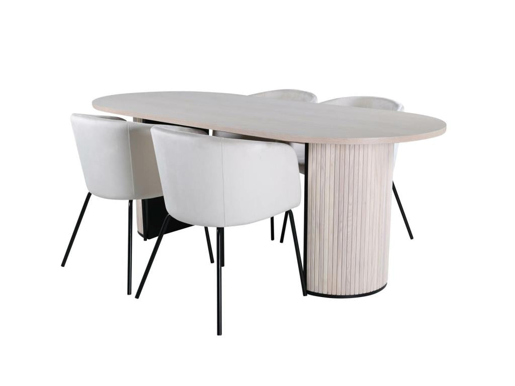 Meublita set: table, white-washed oak veneer, and 4 Meublita beige velvet chairs.