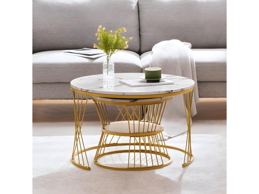 Set of 2 Nesting Tables - Marble Pattern Veneer - Gold Frame - White