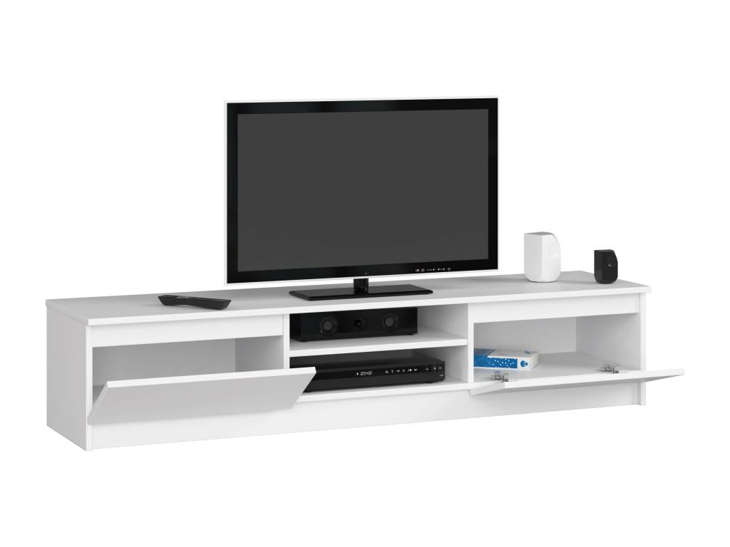 Meublita White 160cm TV stand for living room, 2 doors, white front, 2 shelves, 160x40x33cm