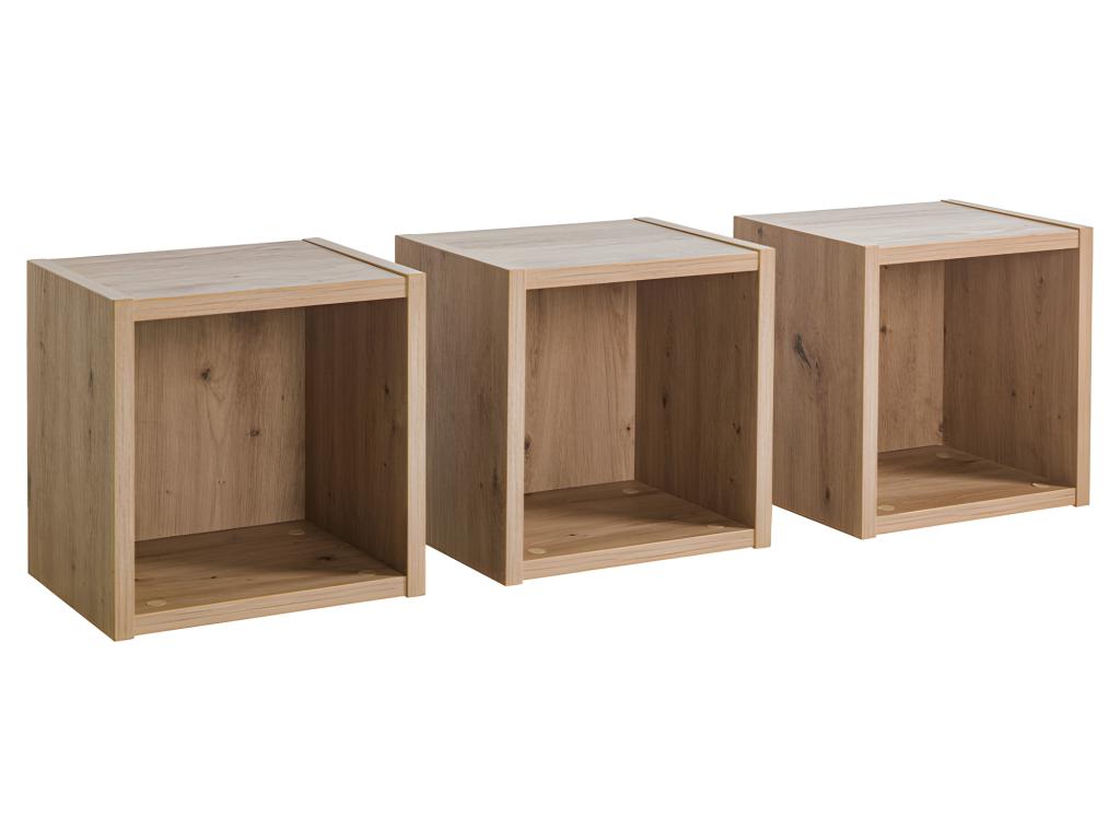 Set of 3 square wall shelves in textured light oak finish – Meublita