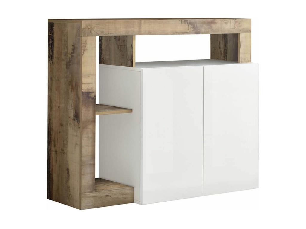 Meublita - 2-Door White Lacquered Buffet with Wood-Effect Frame and Niches