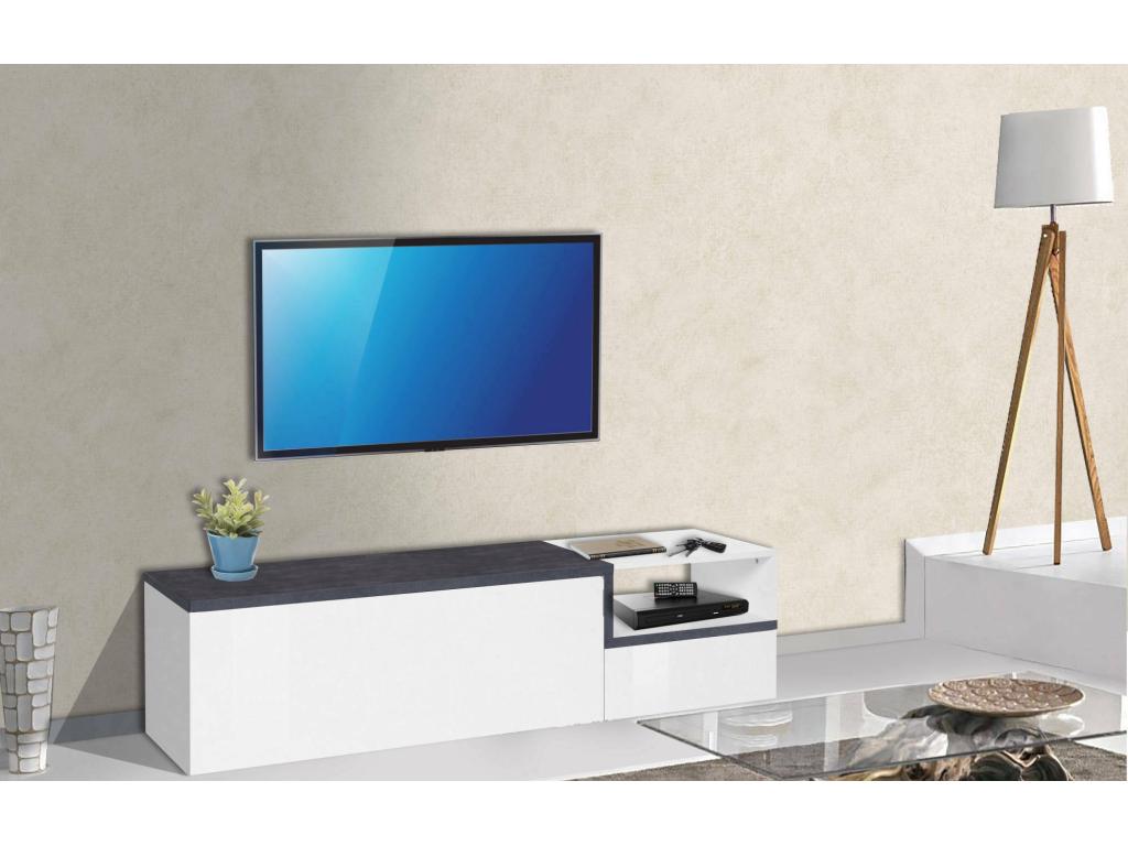 Meublita TV stand, low sideboard with 2 doors, TV stand base, Made in Italy, 160x40x46 cm, Glossy white and slate