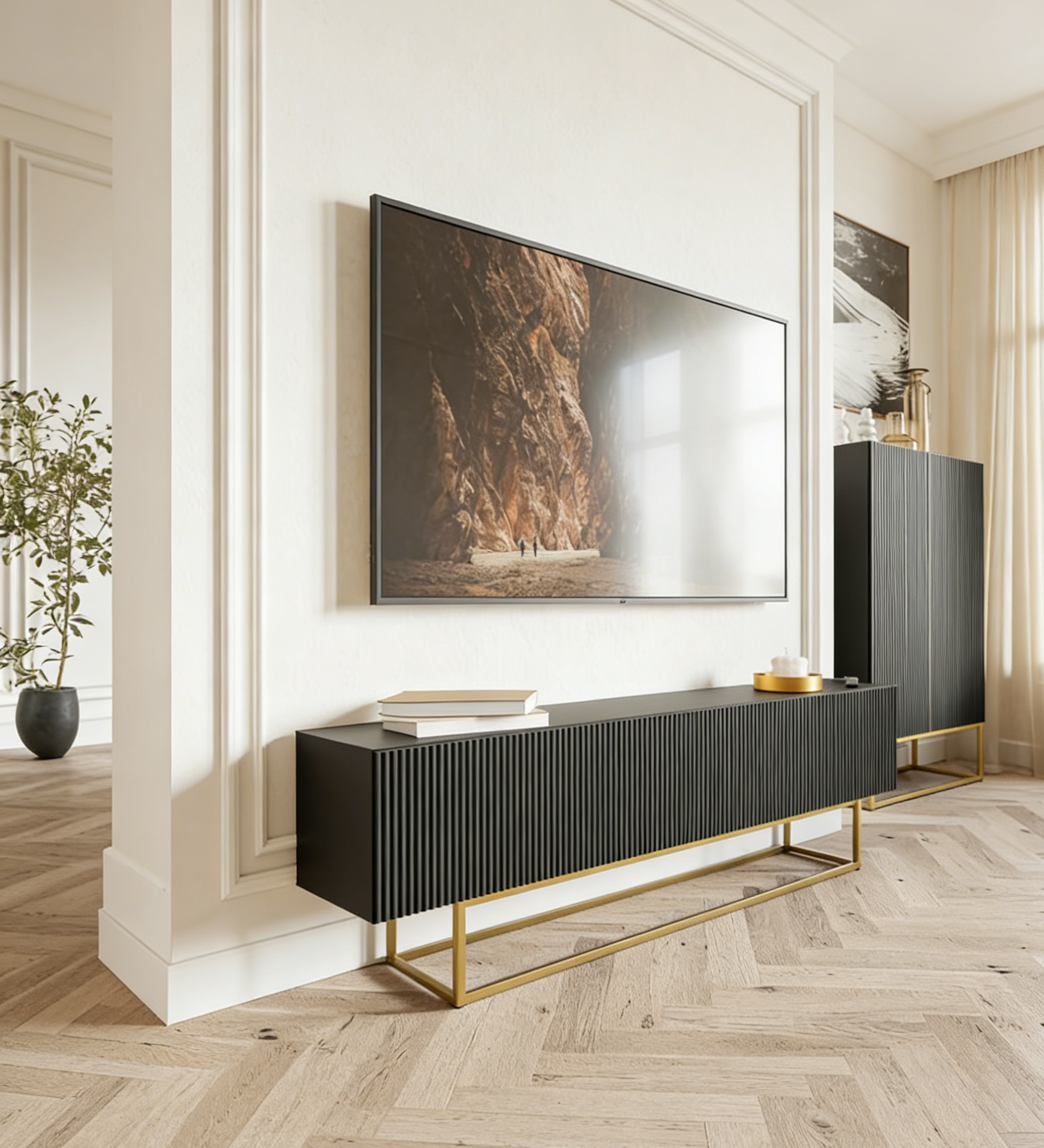 TV stand - 175 cm - black on gold legs - Doucezen