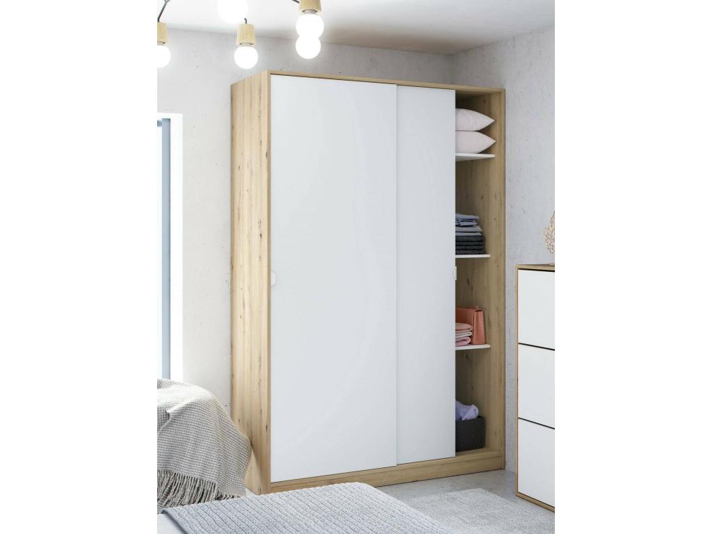 Doucezen Wardrobe, Bedroom Wardrobe with 2 Sliding Doors, Wardrobe with 3 Shelves and Clothes Rail, 120x50x200 cm, White and Oak Knot