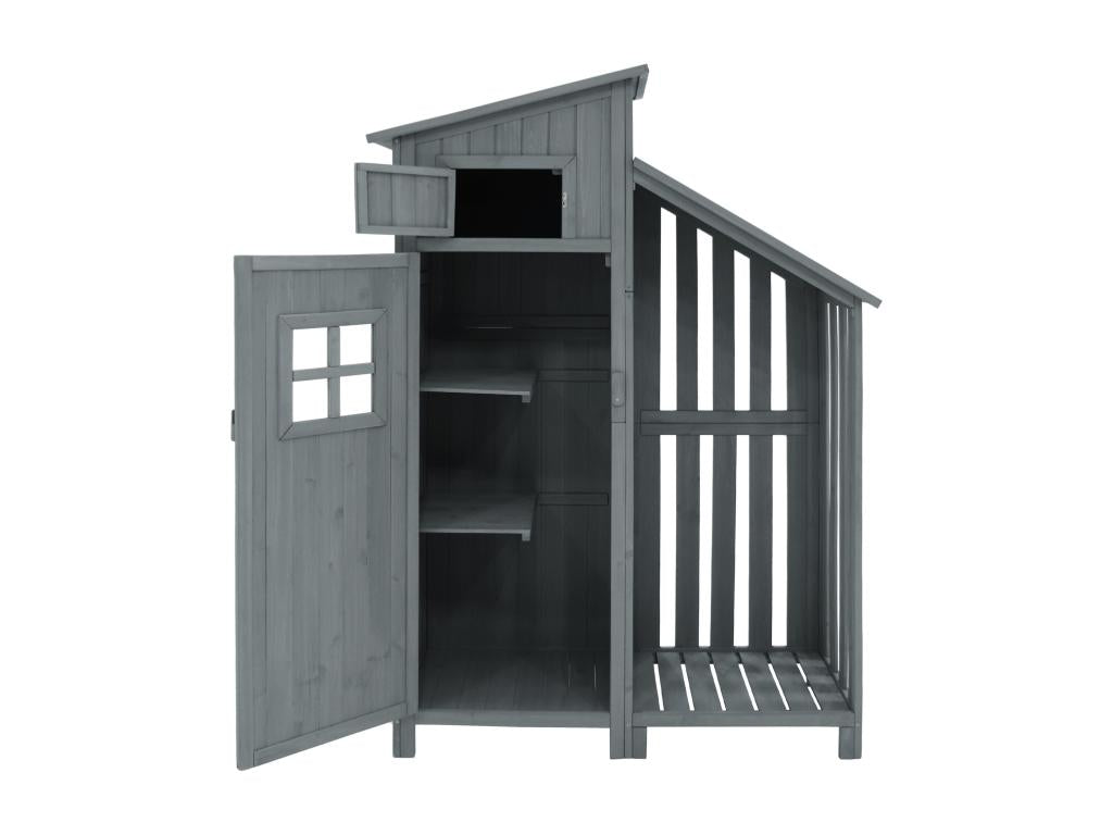 Solid wood garden shed with PVC sloping roof - 2 shelves, 3 latched doors - W124 x D46 x H174 cm - Grey