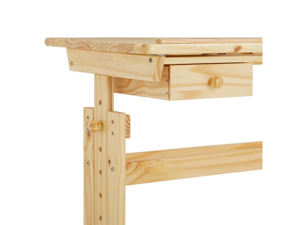 Meublita FLEXI children's school desk with height-adjustable drawing table and tilting writing surface, featuring one drawer, made of solid pine with a natural varnish finish.
