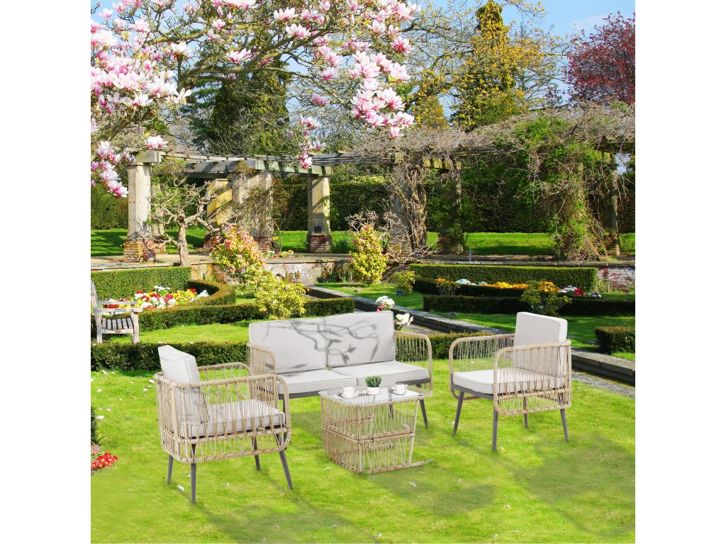 4-piece, 4-seater garden furniture set in colonial style, coffee table, beige cushions included, woven resin with a rattan look