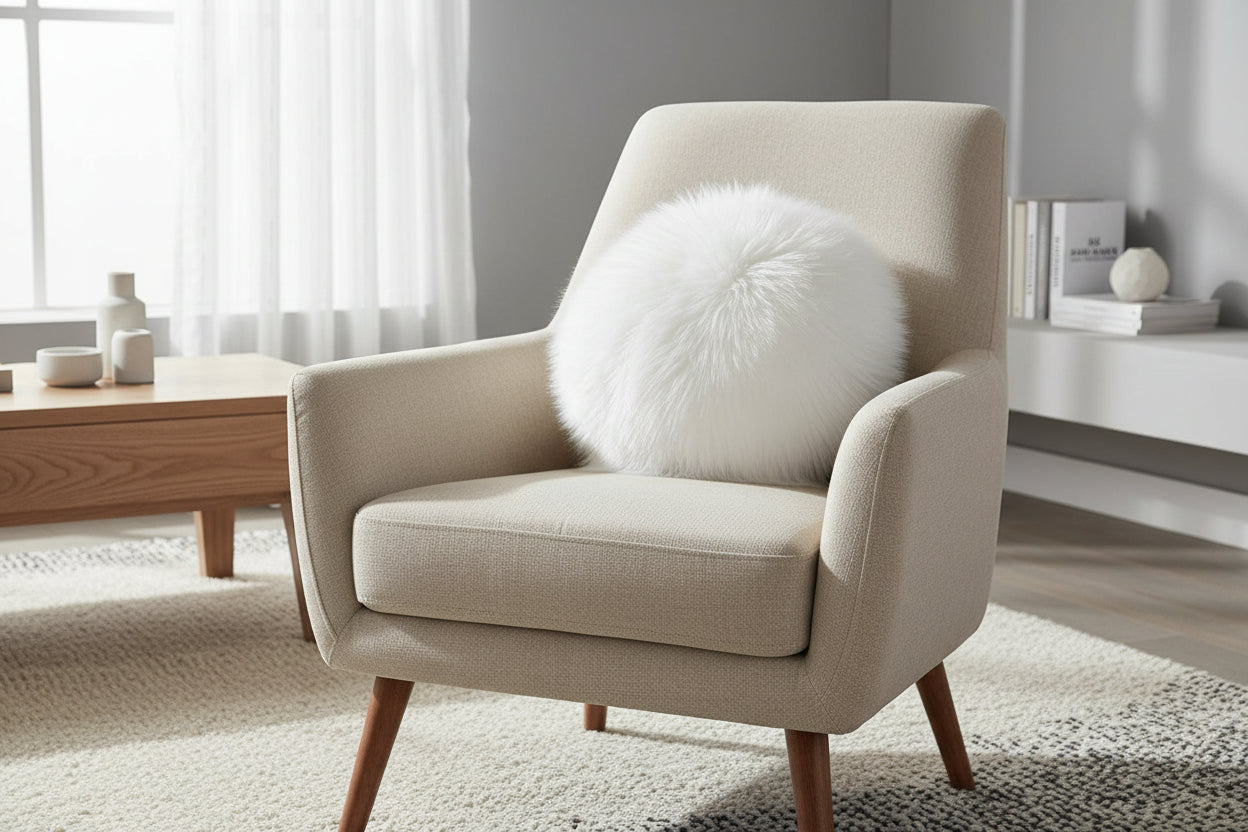 Lambskin pouf, white, 35x35x6.5 cm, Meublita