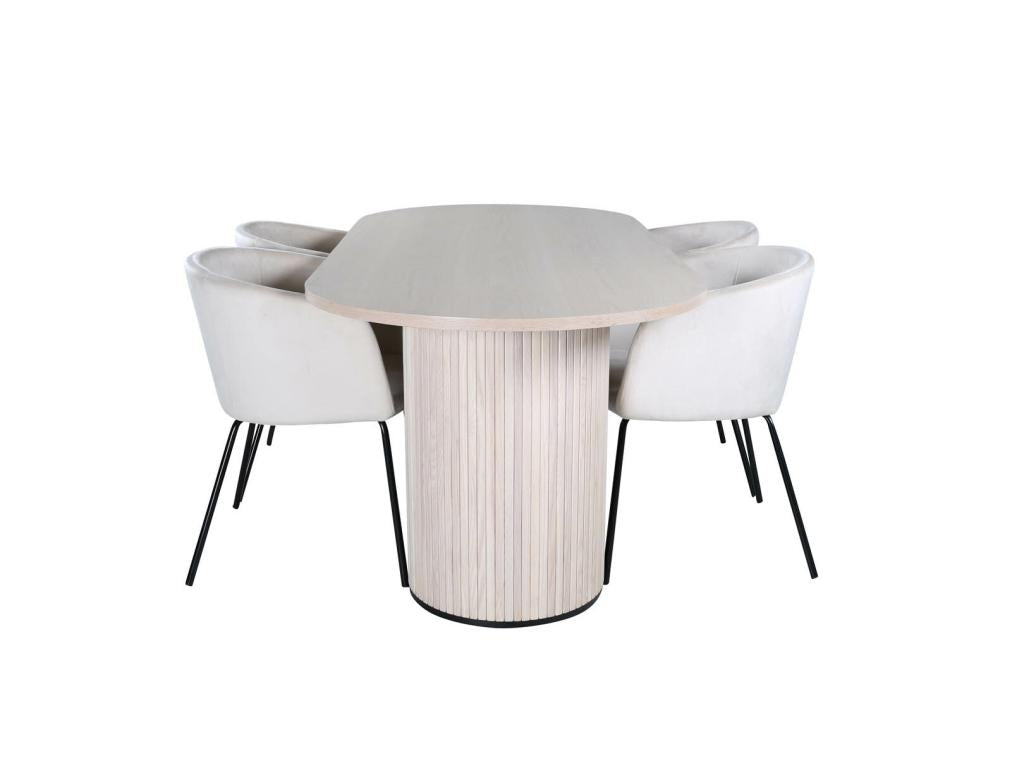 Meublita set: table, white-washed oak veneer, and 4 Meublita beige velvet chairs.