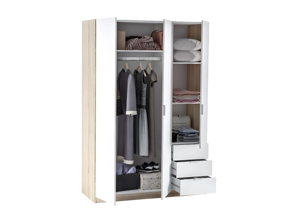 Meublita 3-door, 3-drawer wardrobe, W121 x H180 cm - White and wood