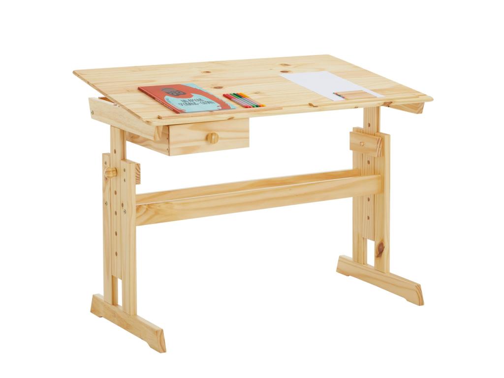 Meublita FLEXI children's school desk with height-adjustable drawing table and tilting writing surface, featuring one drawer, made of solid pine with a natural varnish finish.