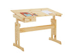 Meublita FLEXI children's school desk with height-adjustable drawing table and tilting writing surface, featuring one drawer, made of solid pine with a natural varnish finish.