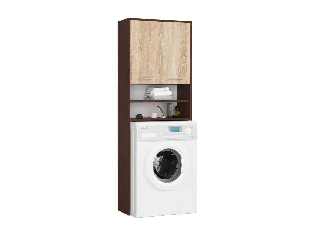 Washing machine cabinet with 2 doors, brown wood, 4 shelves, 64x30x180 cm