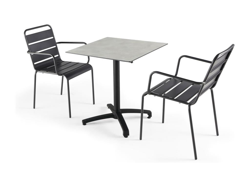 Light grey concrete-effect laminate garden table and 2 grey armchairs