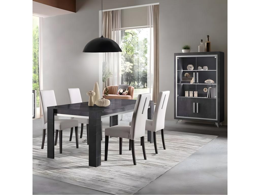 Meublita - Complete Living Room Set in Anthracite Marble Effect with 190cm Table, Sideboard and Display Cabinet with LEDs