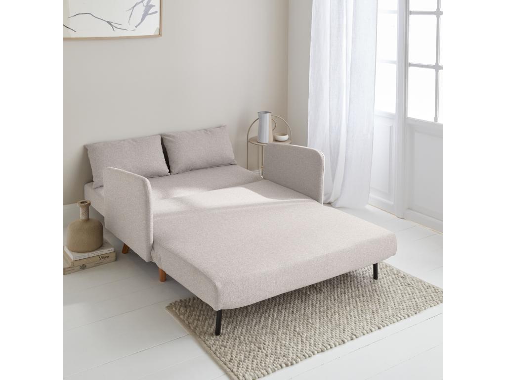 Convertible fabric sofa - Meublita - 2-seater Scandinavian style - light wood legs - beige - bench seat - reclining backrest