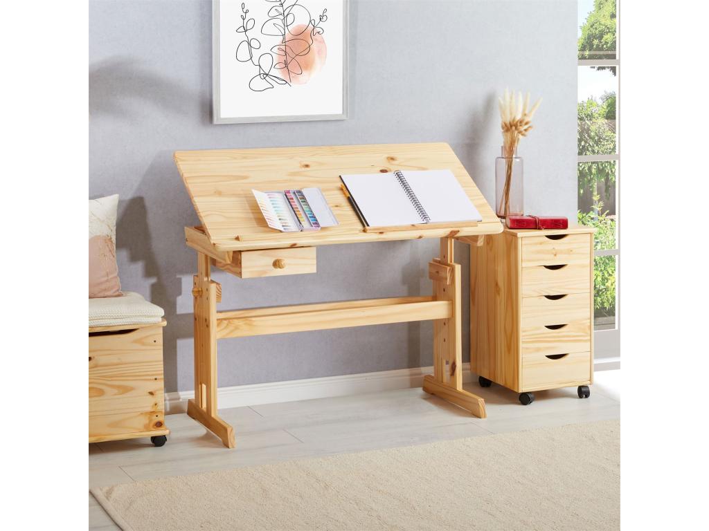Meublita FLEXI children's school desk with height-adjustable drawing table and tilting writing surface, featuring one drawer, made of solid pine with a natural varnish finish.