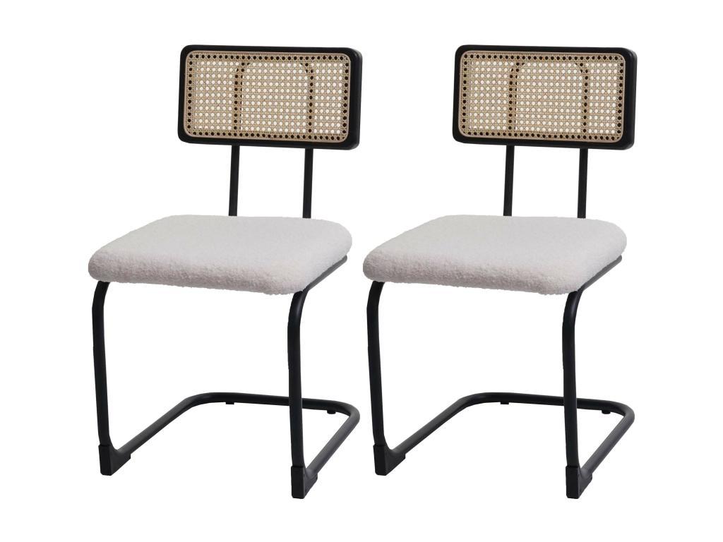 Set of 2 Meublita-K88 sled-base chairs - chair with backrest - wood, rattan, and metal frame - white fabric/textile