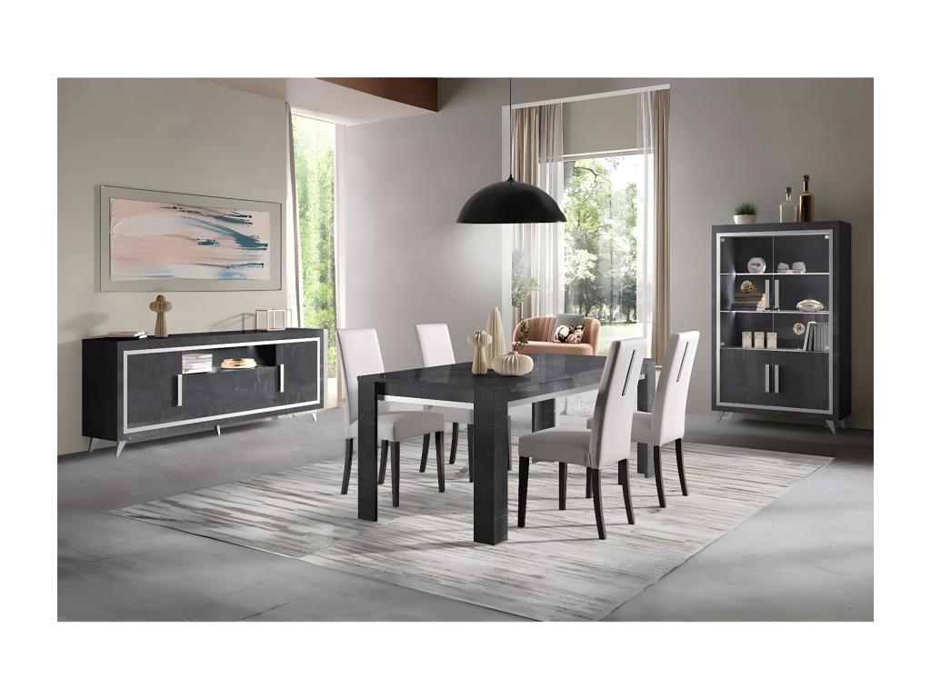 Meublita - Complete Living Room Set in Anthracite Marble Effect with 190cm Table, Sideboard and Display Cabinet with LEDs