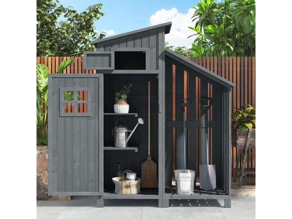Solid wood garden shed with PVC sloping roof - 2 shelves, 3 latched doors - W124 x D46 x H174 cm - Grey