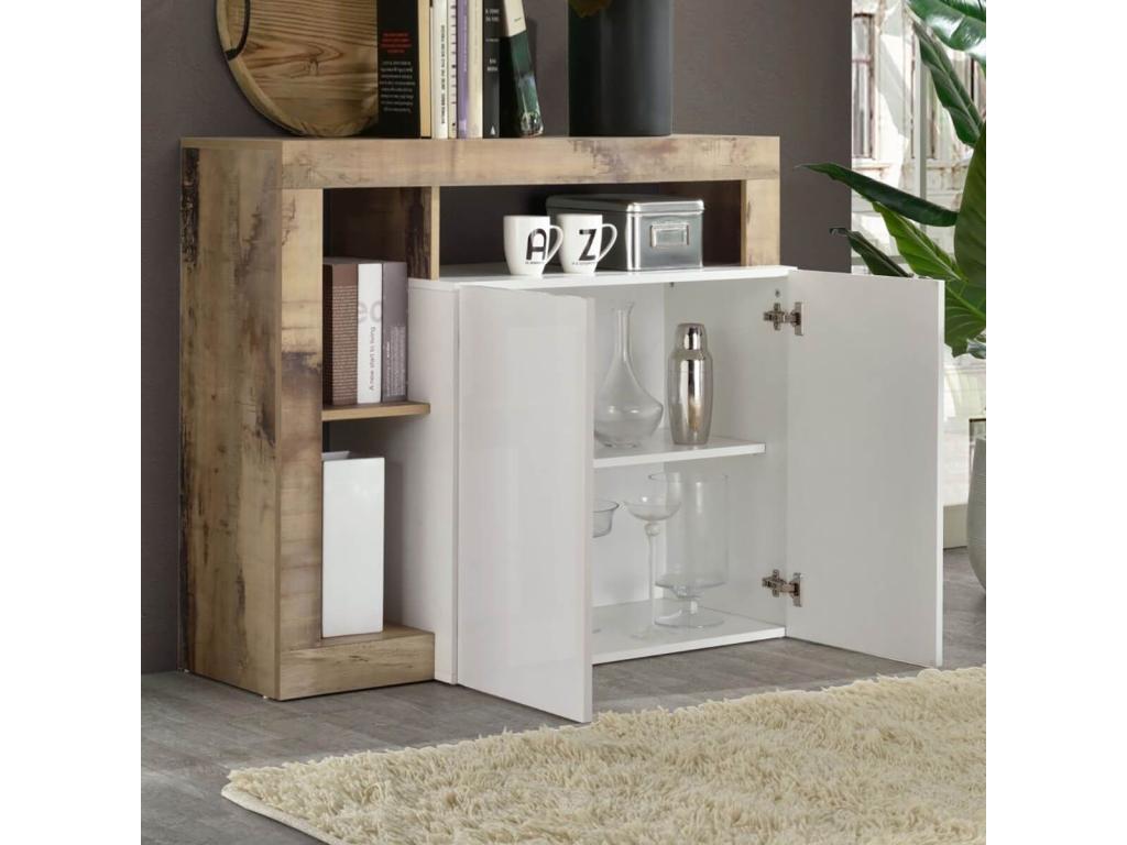 Meublita - 2-Door White Lacquered Buffet with Wood-Effect Frame and Niches