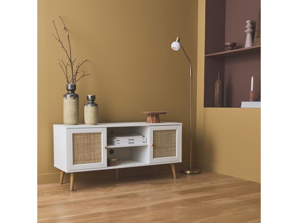 Cane TV stand 120x39x56.5cm - Meublita - White - 2 levels - 2 shelves - 2 doors - Scandinavian legs