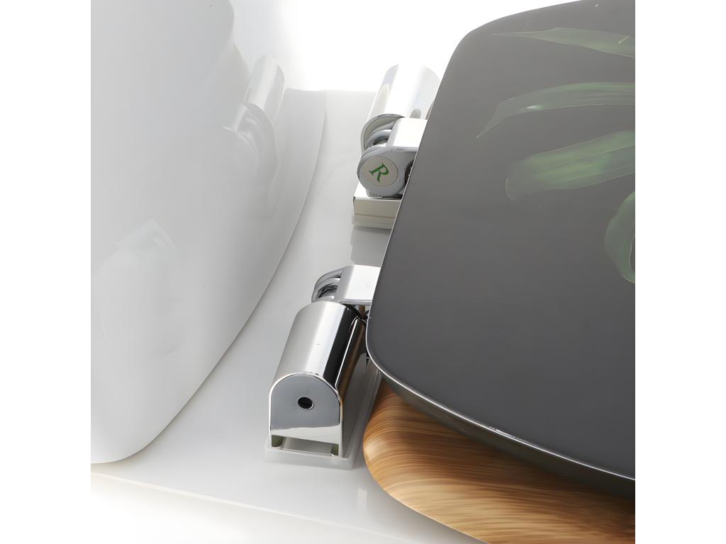 Wooden toilet seat with soft-close mechanism and decorative fixing bracket, Green Addict