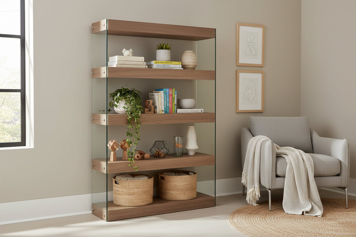 Wooden shelves and tempered glass sides